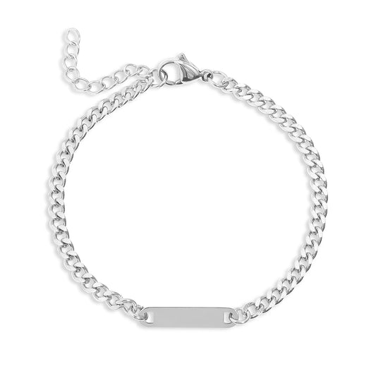 silver curb chain link bracelet with engravable bar pendant on white background