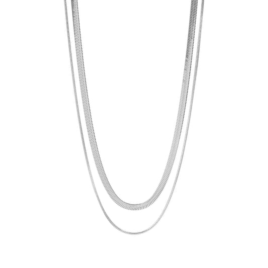 double layered Silver chain necklace on a white background