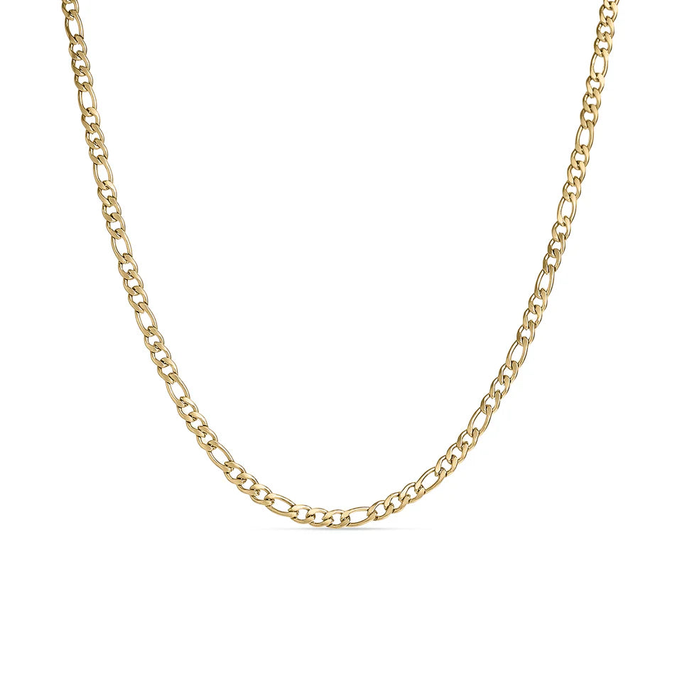 Gold figaro chain necklace on a white background