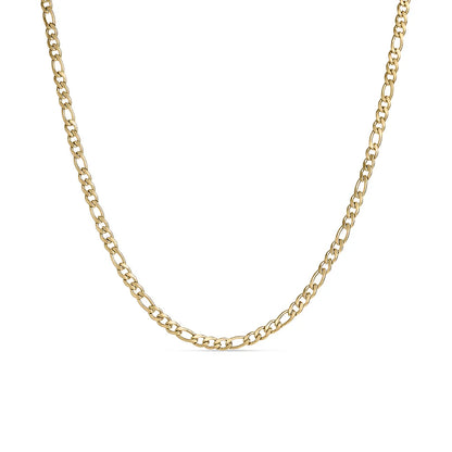 Gold figaro chain necklace on a white background