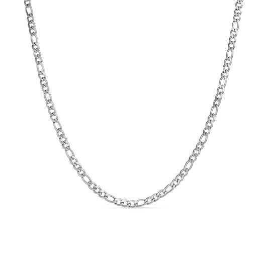 Silver figaro chain necklace on a white background