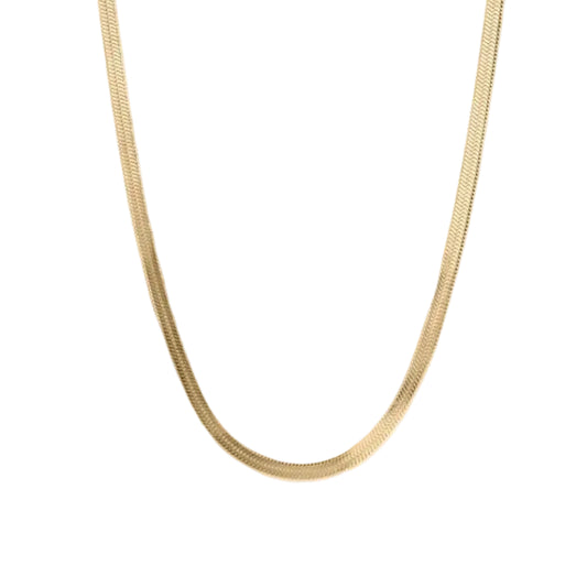 Gold chain herringbone necklace on a white background