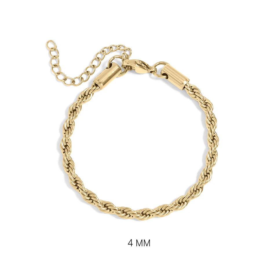 Gold rope chain bracelet on a white background 4mm