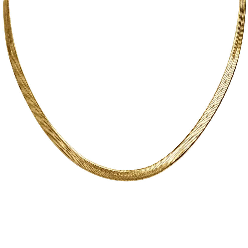 Gold herringbone 5mm necklace on a white background