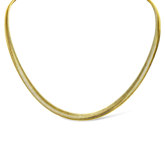 Gold snake chain link necklace on a white background