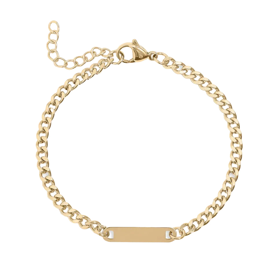 gold curb chain link bracelet with engravable bar pendant on white background
