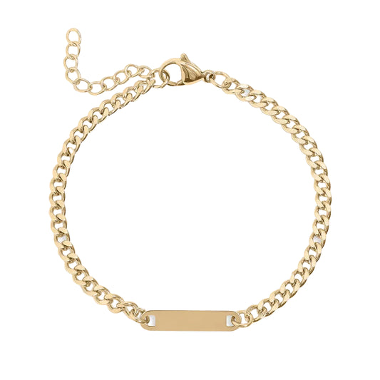 gold curb chain link bracelet with engravable bar pendant on white background