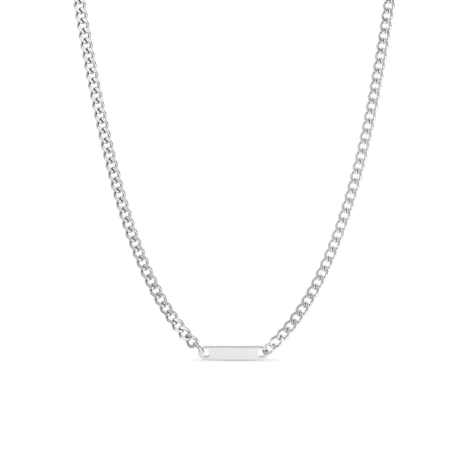 Silver curb chain link necklace with engravable bar pendant on white background