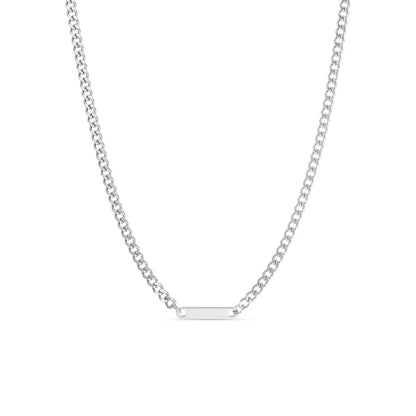 Silver curb chain link necklace with engravable bar pendant on white background