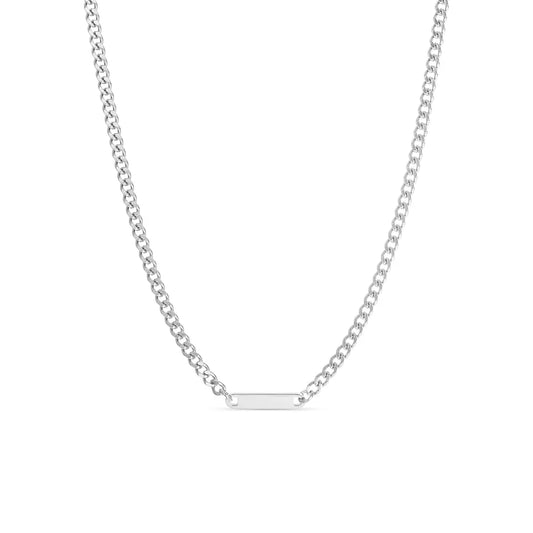 Silver curb chain link necklace with engravable bar pendant on white background