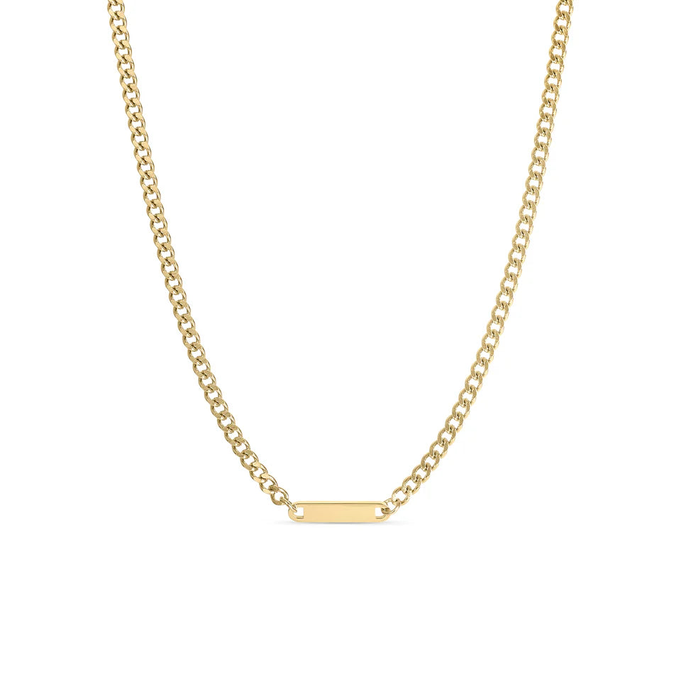 gold curb chain link necklace with engravable bar pendant on white background
