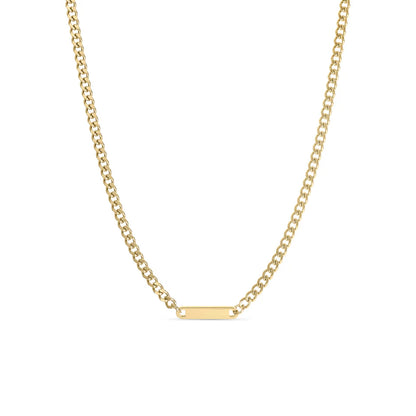 gold curb chain link necklace with engravable bar pendant on white background