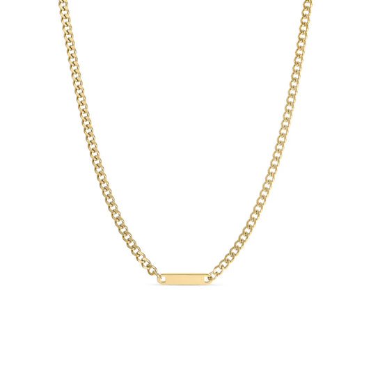 gold curb chain link necklace with engravable bar pendant on white background