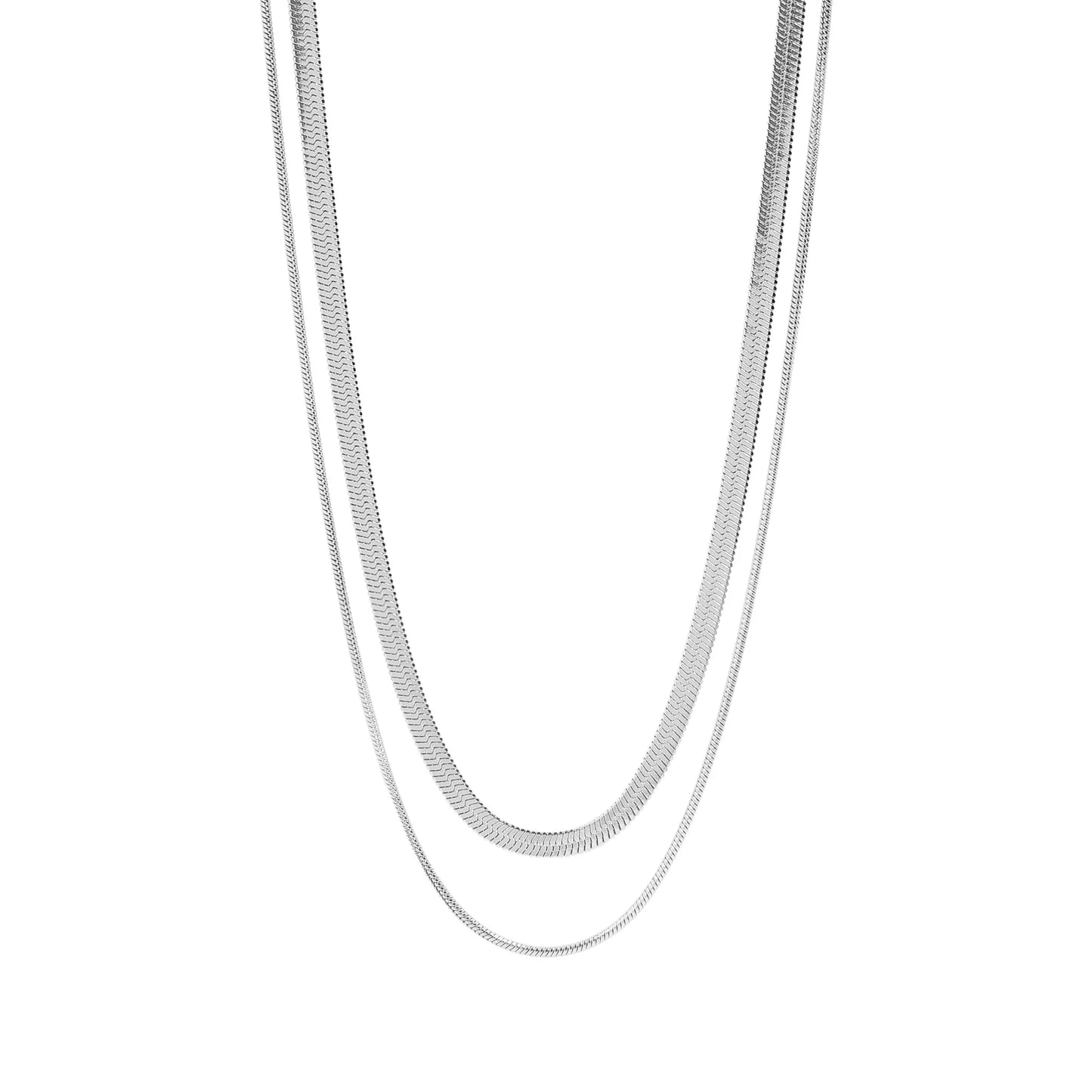 double layered Silver chain necklace on a white background