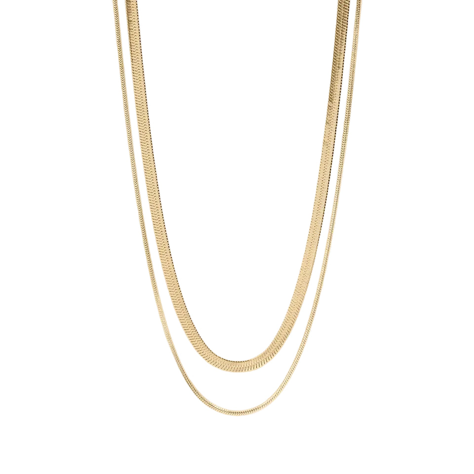 double layered Gold chain necklace on a white background